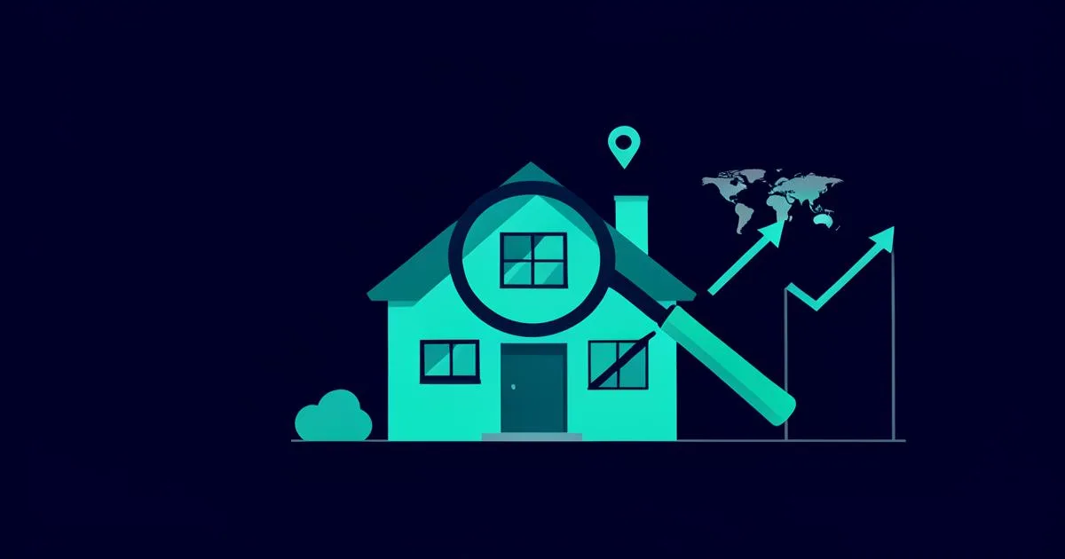Finding what a UK house is worth — a house under a magnifying glass beside a rising sold price chart and map pins