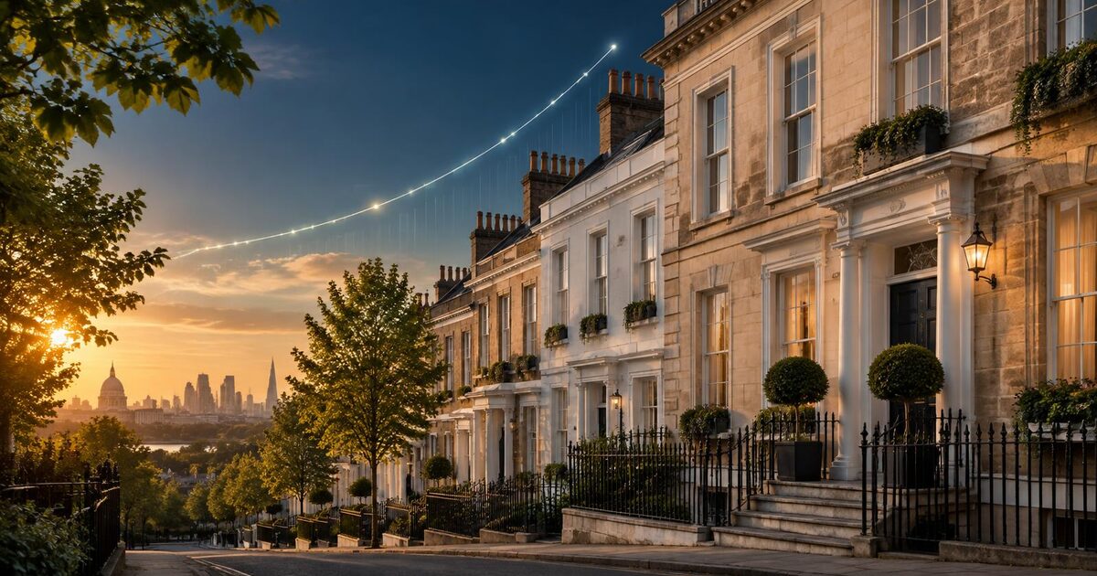 Capital Gains Tax when selling a UK house A row of period British townhouses at golden hour, illustrating Capital Gains Tax on selling a UK home