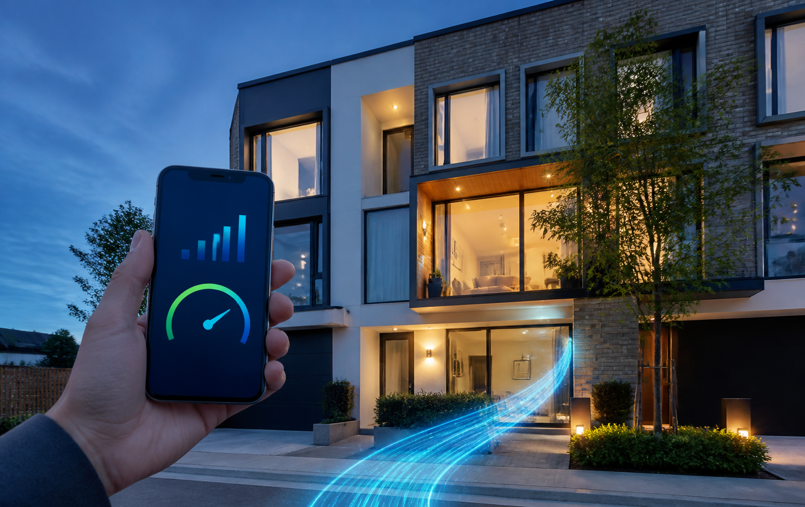 A connected UK home with a phone showing broadband and mobile coverage