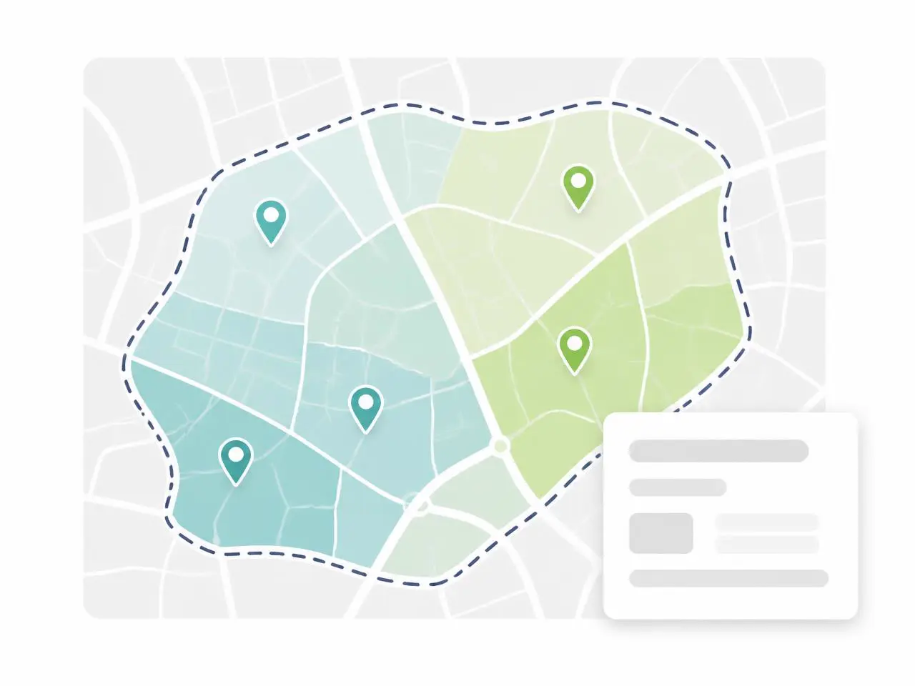 Illustrated property map with highlighted neighbourhood boundaries and location markers