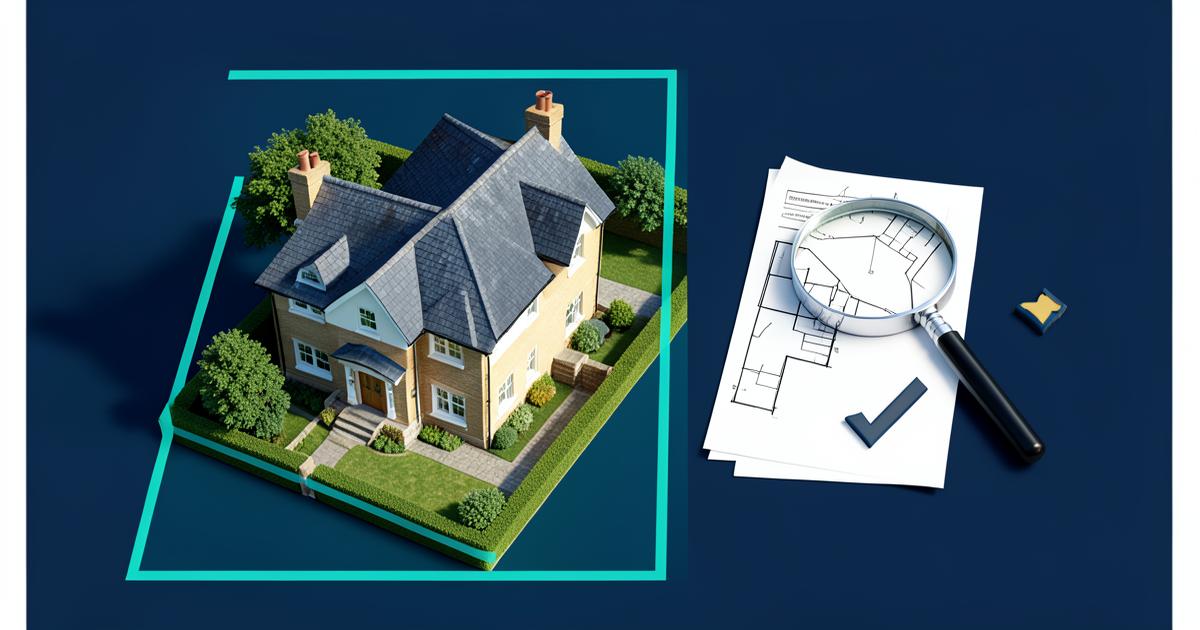 British house inside a mapped title boundary beside a title plan and magnifying glass