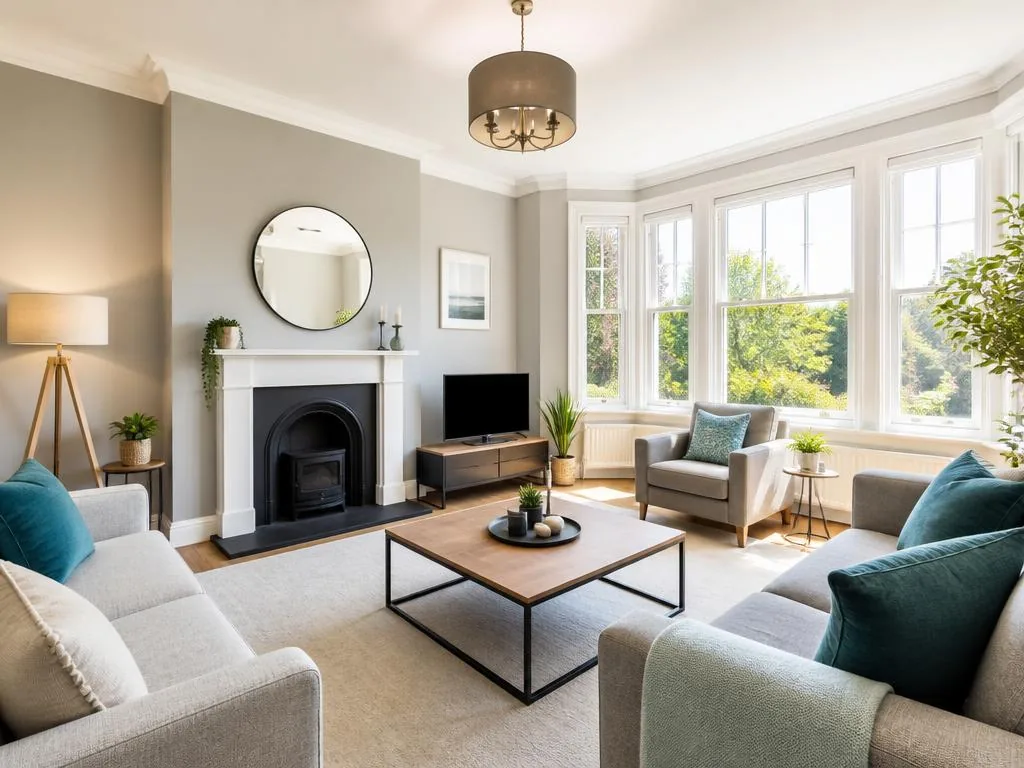 One seamless wide-angle living room photo fused from three phone shots