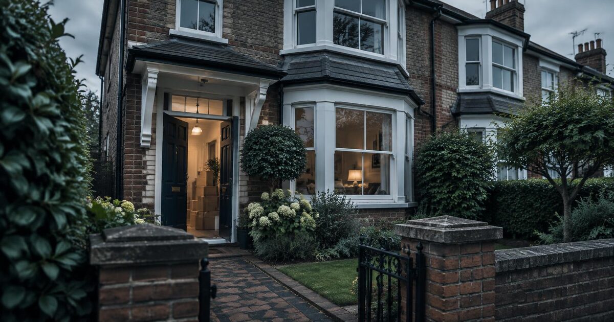 The UK house selling timeline A British semi-detached house with its front door open and moving boxes inside, illustrating the house selling process